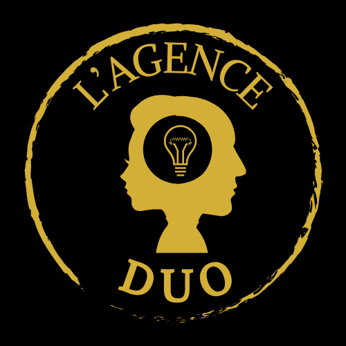 L'Agence Duo: Logo Or et noir, tête d'homme et tête de femme dos à dos au centre de leur têtes unies une ampoule électrique symbolisant la bonne idée, entouré d'un trait circulaire imprécis